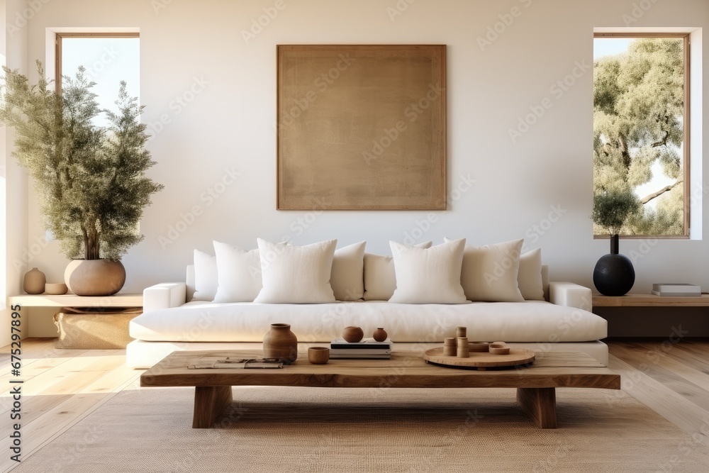 Living room with wood platform couch, Minimalist, Light and bright. Living room with wood platform couch, Minimalist, Light and bright.