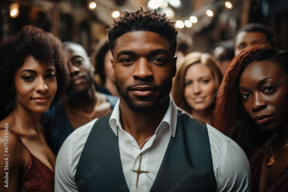 An aesthetic good looking black man surrounded by ladies at a party.