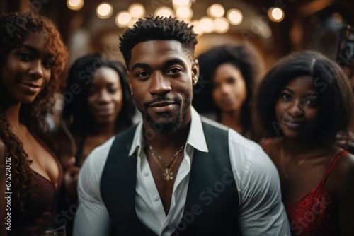An aesthetic good looking black man surrounded by ladies at a party.