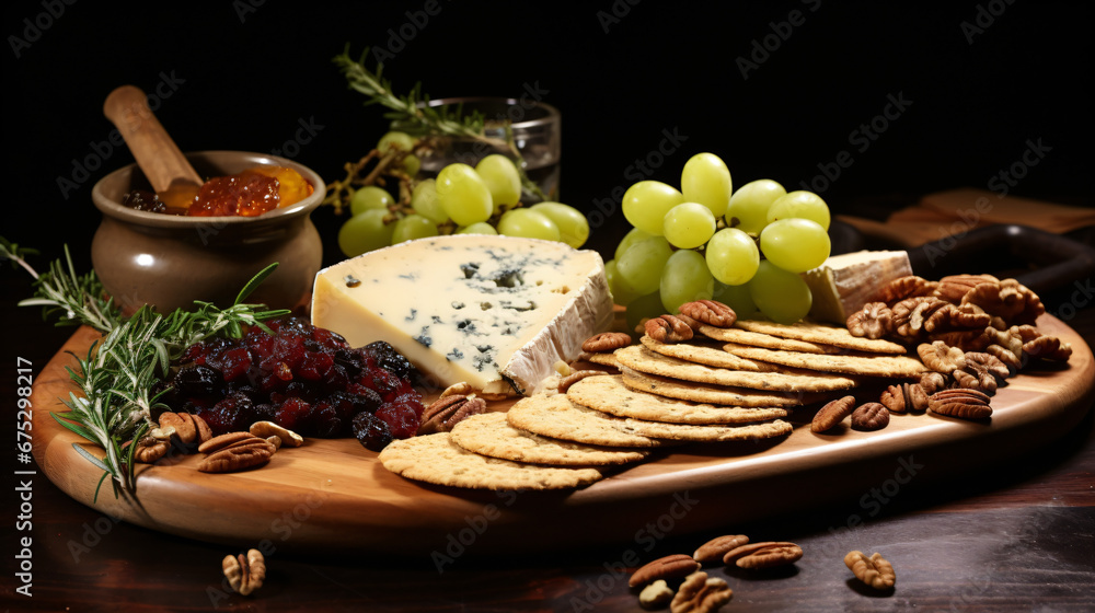 Cheese platter with grapes and apple