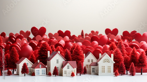 heart shape house on red background with copy space for your message
