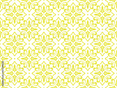 Wallpaper in the style of Baroque. Seamless vector background. White and yellow floral ornament. Graphic pattern for fabric, wallpaper, packaging. Ornate Damask flower ornament