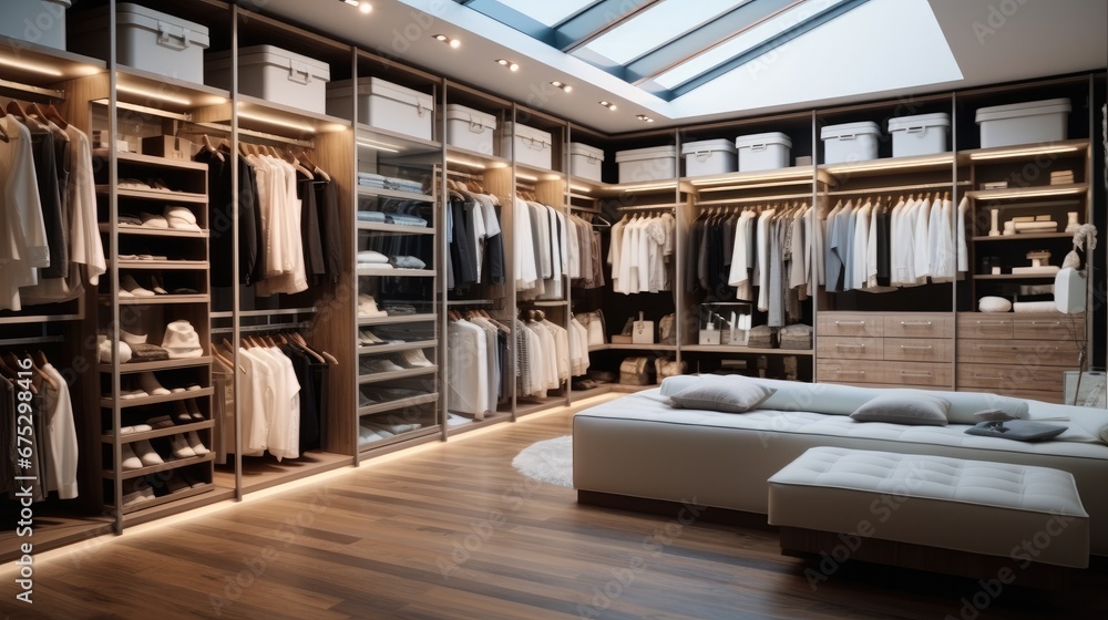 A walk-in closet with organized storage and a center island, Dressing area which full of luxury brands product and well organized.