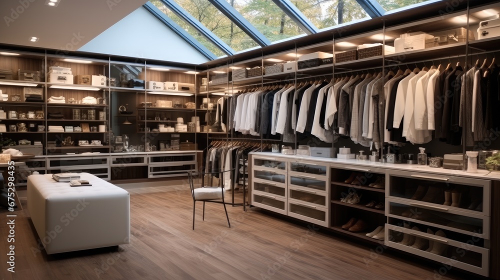 A walk-in closet with organized storage and a center island, Dressing area which full of luxury brands product and well organized.