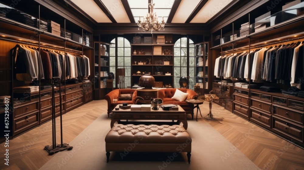 Interior of a luxury male wardrobe full of expensive suits, Shoes and other clothes.