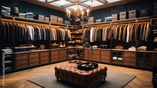 Interior of a luxury male wardrobe full of expensive suits  Shoes and other clothes.