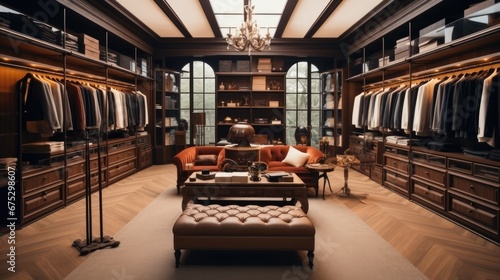 Interior of a luxury male wardrobe full of expensive suits, Shoes and other clothes.