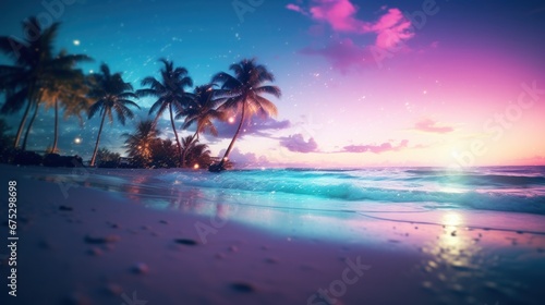 Tropical beach with palm trees and water at sunset, AI © starush