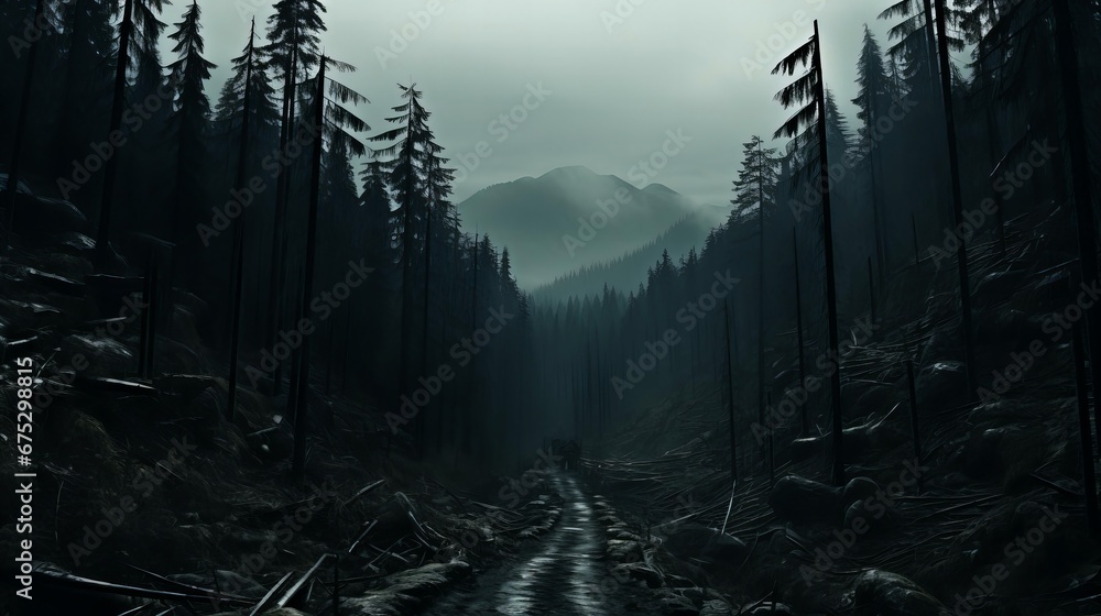 Gloomy Forest Path Leading to Mysterious Mountains under Overcast Sky in Ominous Landscape - obrazy, fototapety, plakaty 