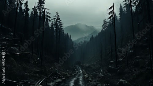 Gloomy Forest Path Leading to Mysterious Mountains under Overcast Sky in Ominous Landscape