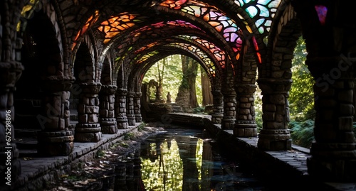 Mystical Stained Glass Tunnel Reflecting Over Water Leading to an Enchanted Forest Beyond