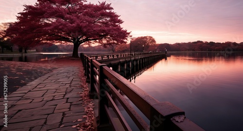 Serene Lakeside View with Cherry Blossoms and Sunset Reflecting on Tranquil Water in Spring