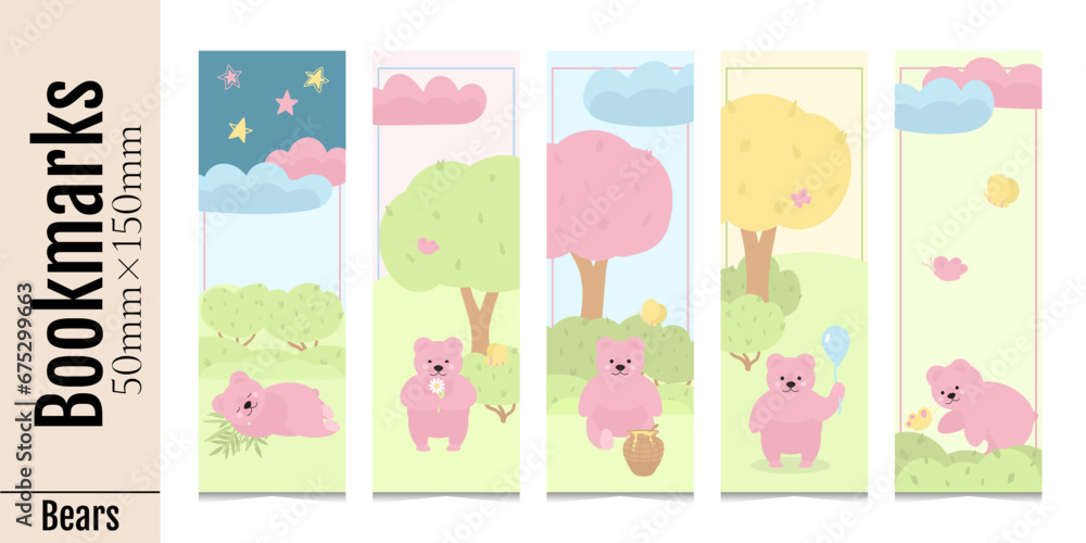 Set of cute kids bookmarks for reading books. Pink kind bear with bushes, leaves, trees, butterflies, bees, clouds. Template of paper book separators. Isolated on a white background.