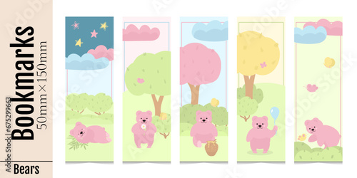 Set of cute kids bookmarks for reading books. Pink kind bear with bushes, leaves, trees, butterflies, bees, clouds. Template of paper book separators. Isolated on a white background.