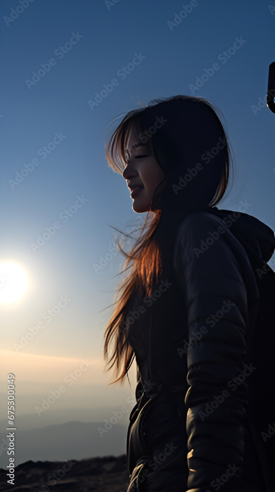 Profile of a girl looking down from a mountain top | generative AI Profile of a girl looking down from a mountain top | generative AI