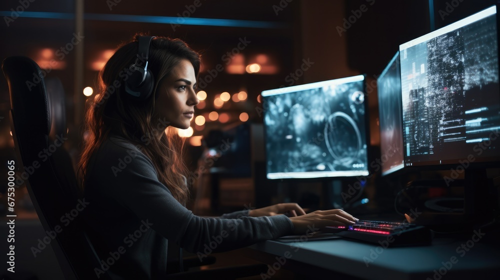 Female security guard in headphones working on the computer at night, Cybersecurity, Working late. Female security guard in headphones working on the computer at night, Cybersecurity, Working late.