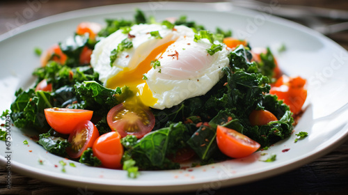 Kale salad with tomato feta and poached eggs
