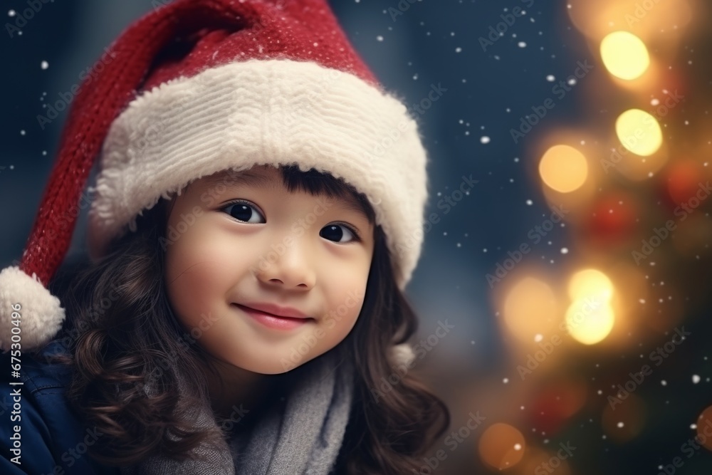 A asian girl in a Santa hat against the background of a Christmas tree and Christmas lights A asian girl in a Santa hat against the background of a Christmas tree and Christmas lights