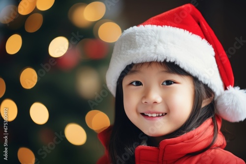 A asian girl in a Santa hat against the background of a Christmas tree and Christmas lights
