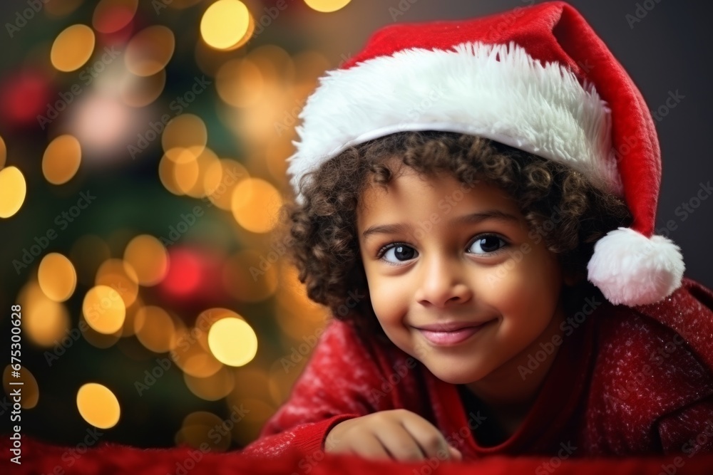 A indian boy in a Santa hat against the background of a Christmas tree and Christmas lights A indian boy in a Santa hat against the background of a Christmas tree and Christmas lights