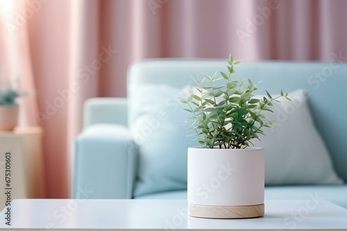 Indoor plant on coffee table with lamp and pastel room background. Relaxing area in modern house. Generative AI