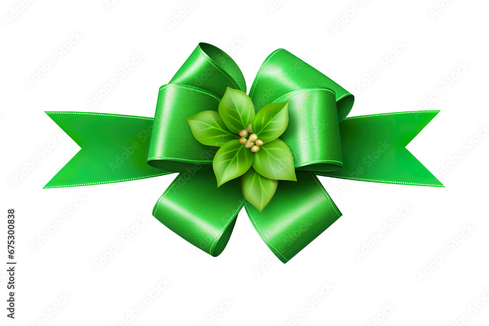 Green ribbon and bow with christmas theme isolated against transparent white background Green ribbon and bow with christmas theme isolated against transparent white background