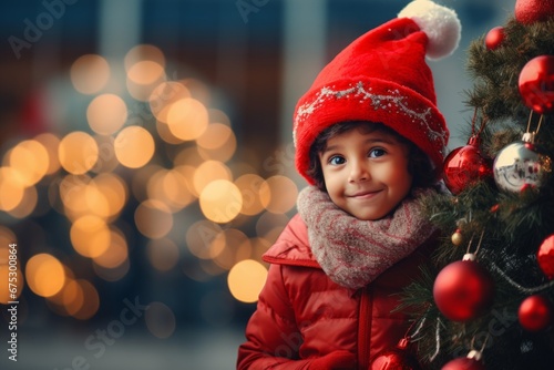 A indian girl in a Santa hat against the background of a Christmas tree and Christmas lights