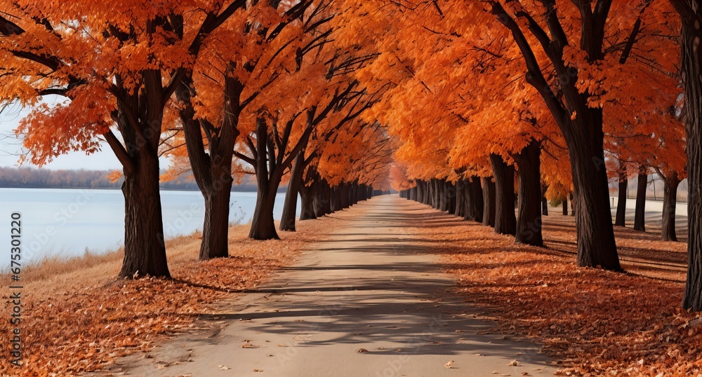 Autumn Splendor Envelops a Serene Pathway Lined with Fiery Orange Foliage by a Calm Lake