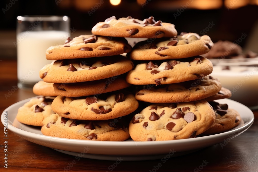 A stack of freshly baked chocolate chip cookies with melting chunks on a plate. A stack of freshly baked chocolate chip cookies with melting chunks on a plate.