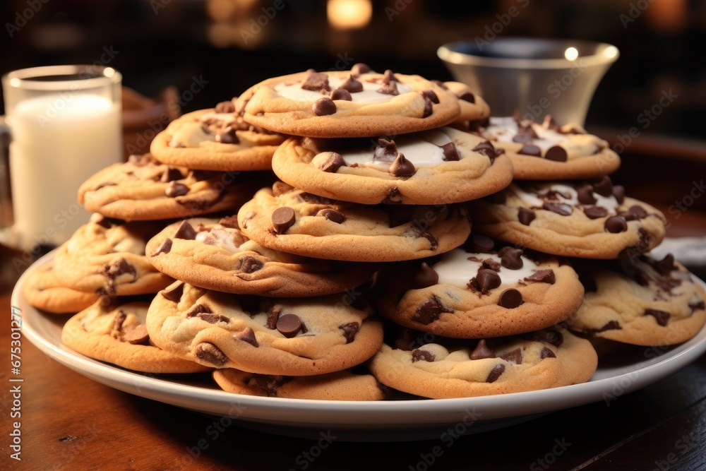 A stack of freshly baked chocolate chip cookies with melting chunks on a plate.