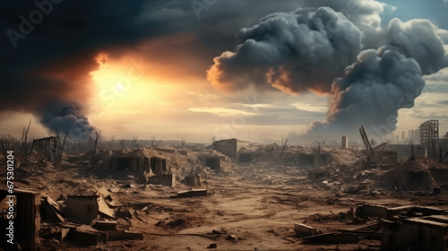 Desolate city ruins, War, Smoke, Burning buildings in rubble.