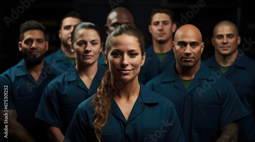 A diverse group of automotive technicians on a navy blue background.