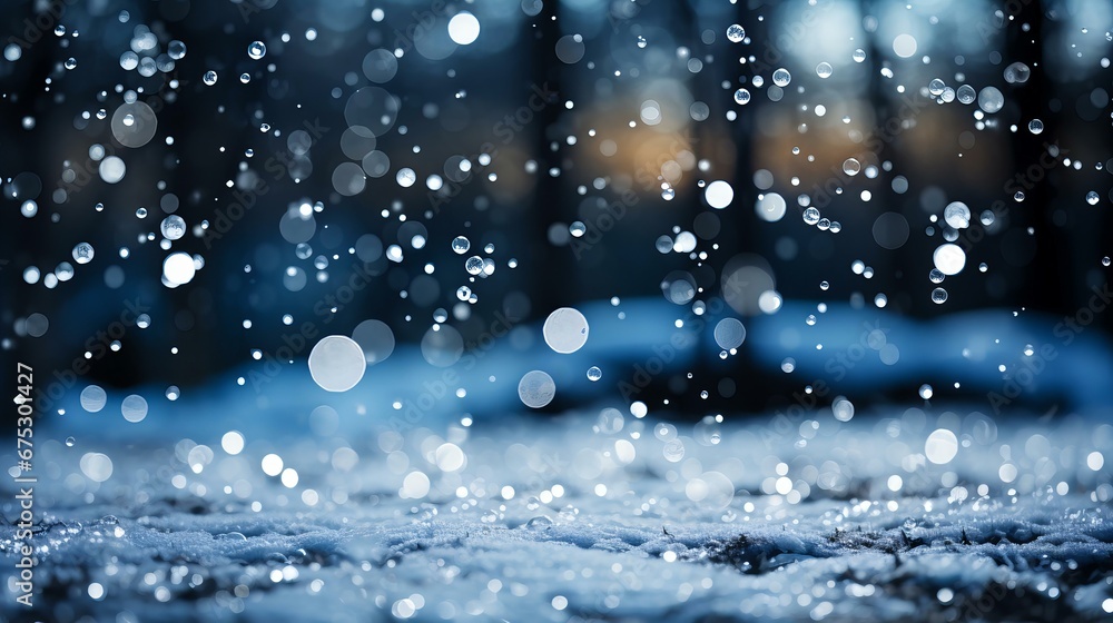 Obraz premium Enchanting Winter Snowflakes Falling Gently at Night, Illuminated by a Soft, Ethereal Blue Light