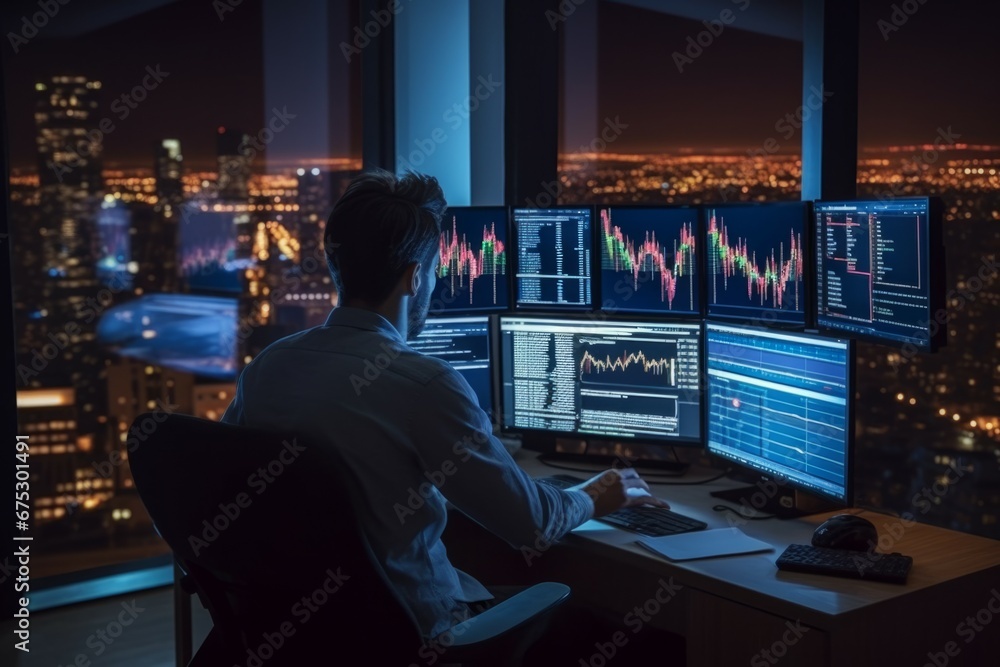 business man looking at the charts of the stock market of cryptocurrencies on the PC screen. city lights in the background business man looking at the charts of the stock market of cryptocurrencies on the PC screen. city lights in the background