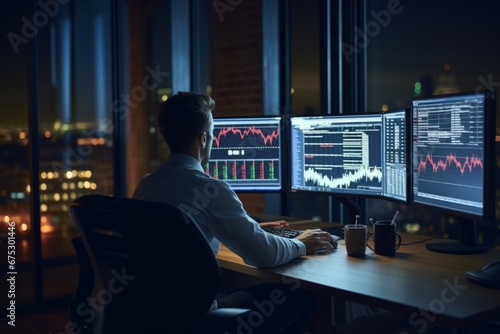 business man looking at the charts of the stock market of cryptocurrencies on the PC screen. city ​​lights in the background