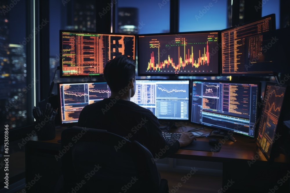 business man looking at the charts of the stock market of cryptocurrencies on the PC screen. city lights in the background business man looking at the charts of the stock market of cryptocurrencies on the PC screen. city lights in the background