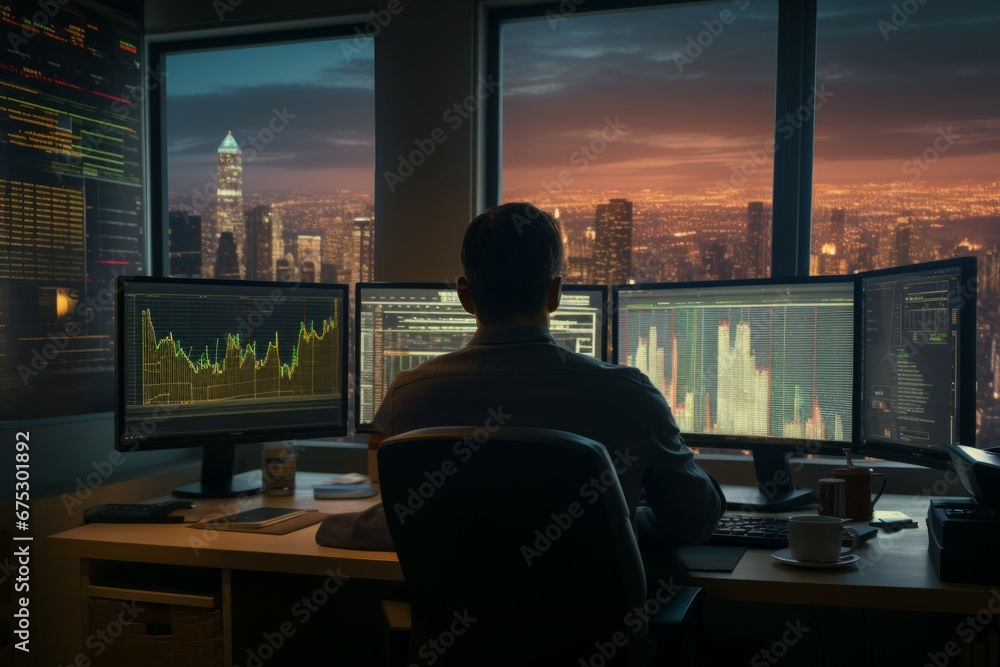 business man looking at the charts of the stock market of cryptocurrencies on the PC screen. city lights in the background business man looking at the charts of the stock market of cryptocurrencies on the PC screen. city lights in the background