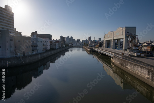 大阪、都市、風景、川、橋、秋 