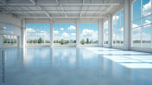 Spacious Modern Industrial Loft with Large Windows and Blue Reflective Epoxy Flooring Overlooking Urban Landscape