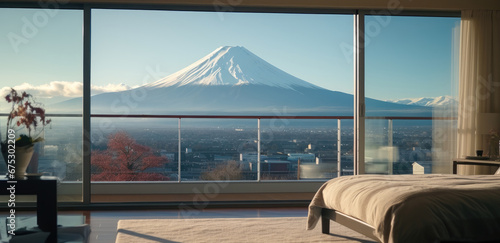 Mount Fuji out of window of a bedroom in winter  Minimalist.