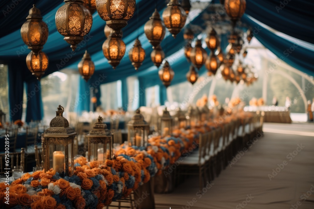 Regal orange and blue hanging lanterns with flowers and tapestry in luxurious wedding reception tent. - obrazy, fototapety, plakaty 