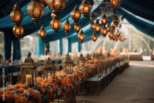 Regal orange and blue hanging lanterns with flowers and tapestry in luxurious wedding reception tent. © visoot