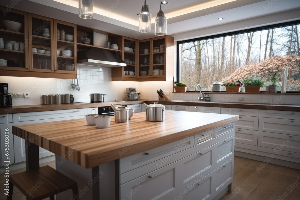 Front view of a kitchen with a counter. Front view of a kitchen with a counter.