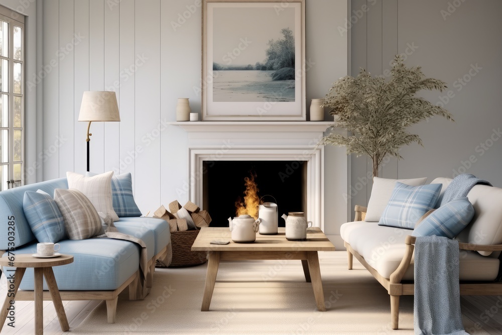 Fototapeta premium A minimalist country style living room, Warm and inviting, Blue tones.