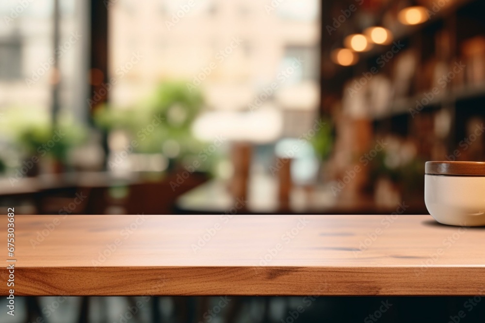 Product display on wooden board with vacant table top and blurred interior over blurred background of coffee shop. Generative AI