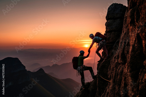 Summit Conquest. Climbers Reach the Mountain Summit at Sunrise Amidst Majestic Landscapes. Epic Adventure. Teamwork. 
