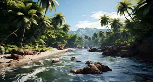 Tropical Paradise Cove with Palm Trees  Serene Beach  and Majestic Mountains Under Clear Blue Skies