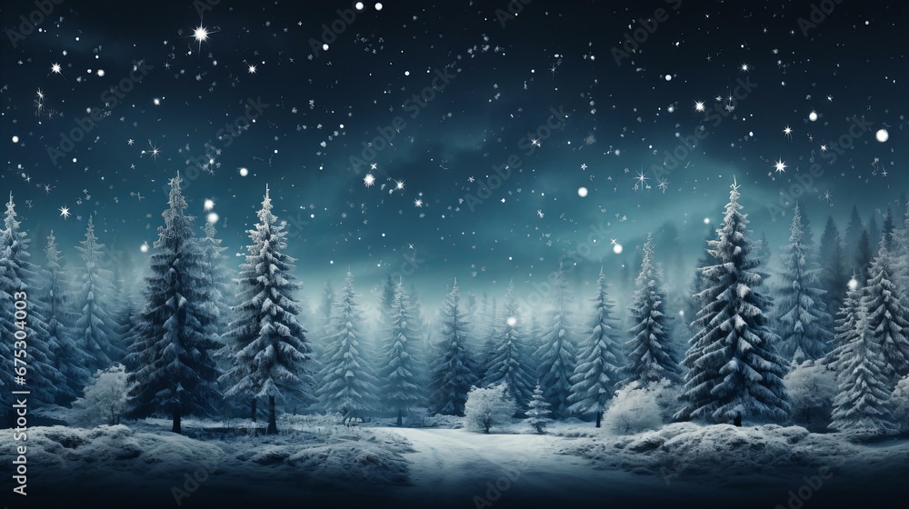 Enchanted Winter Night Scene with Snowflakes Glistening Over Serene Snow-Covered Pine Forest