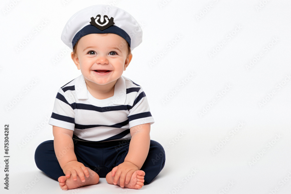 Pure Sailor Joy. Full of Charm and Innocence, a Smiling Toddler Dressed as a Sailor Delights in this Portrait on a White Background. Playful Seafarer - Ai Generative Pure Sailor Joy. Full of Charm and Innocence, a Smiling Toddler Dressed as a Sailor Delights in this Portrait on a White Background. Playful Seafarer - Ai Generative