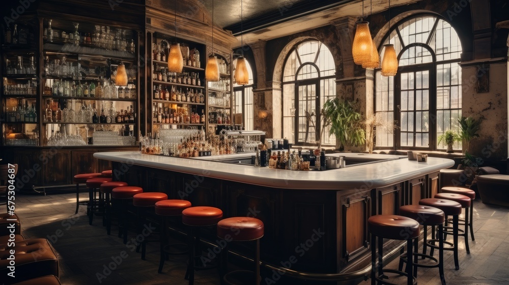 Bar interior vintage, Contemporary design in trendy bistro, Comfort meets style, Interior of cafe.